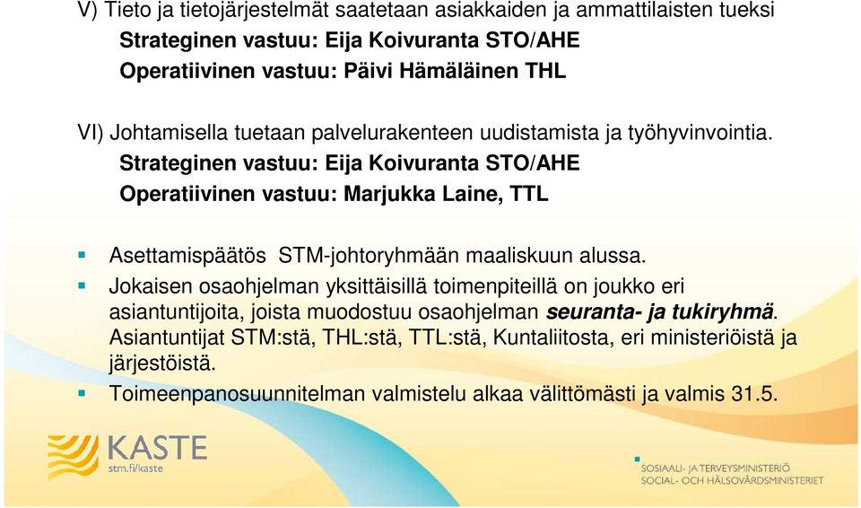 Strateginen vastuu: Eija Koivuranta STO/AHE Operatiivinen vastuu: Marjukka Laine, TTL Asettamispäätös STM-johtoryhmään maaliskuun alussa.