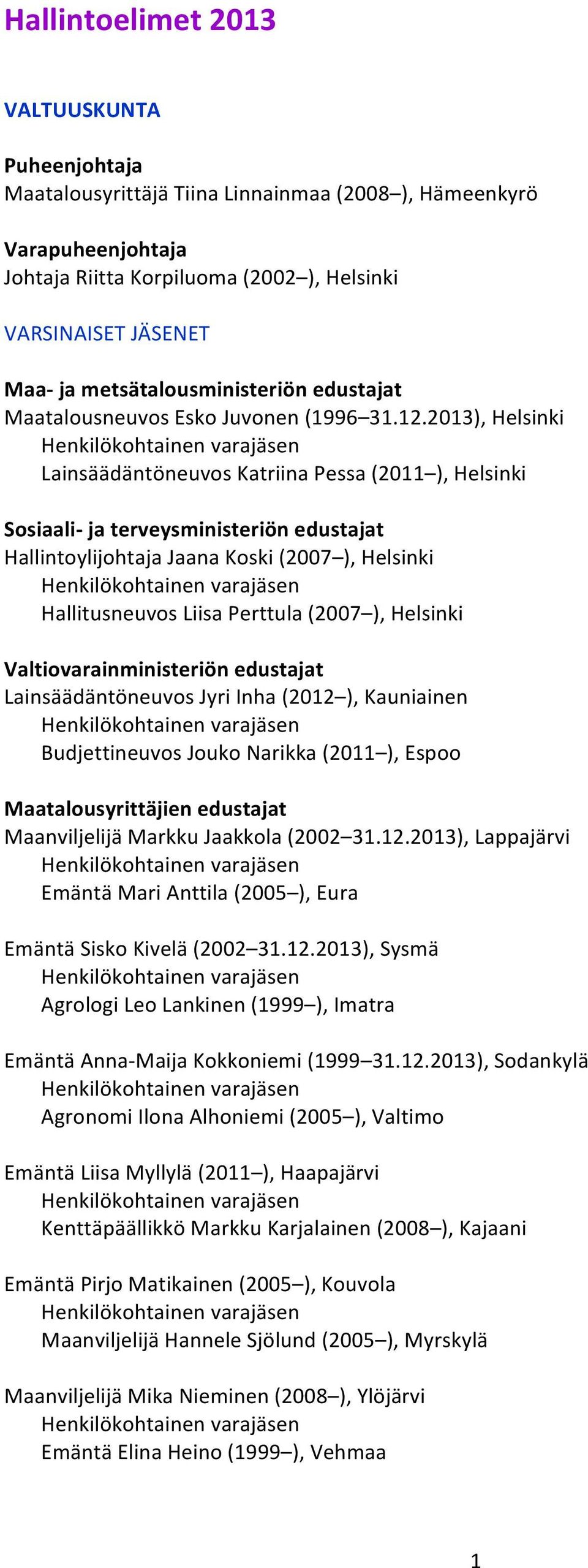 2013), Helsinki Lainsäädäntöneuvos Katriina Pessa (2011 ), Helsinki Sosiaali- ja terveysministeriön edustajat Hallintoylijohtaja Jaana Koski (2007 ), Helsinki Hallitusneuvos Liisa Perttula (2007 ),