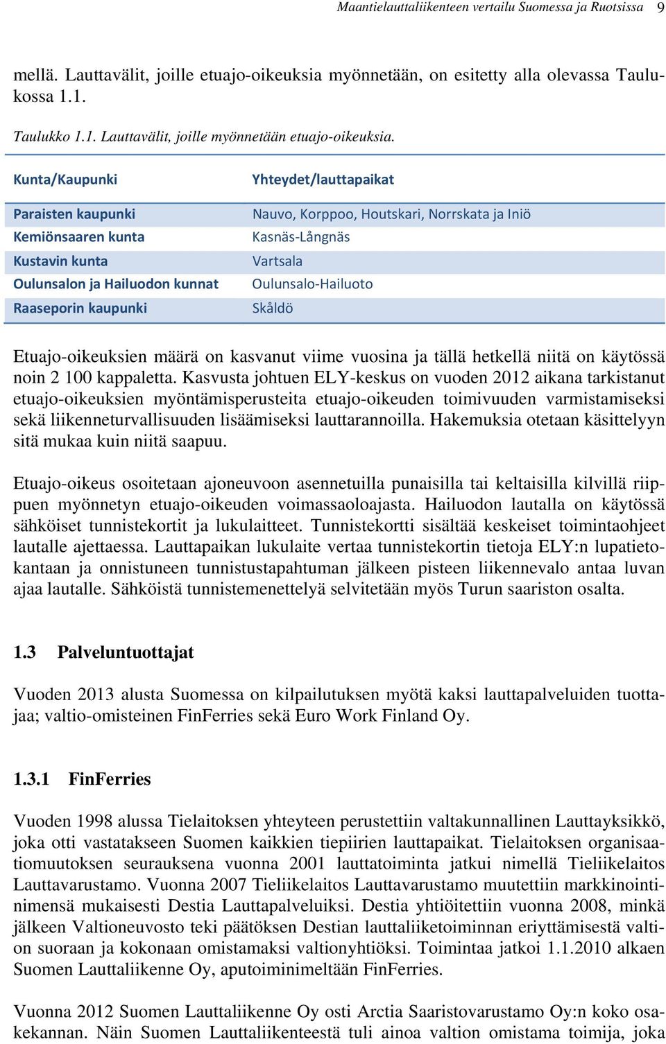 Kunta/Kaupunki Paraisten kaupunki Kemiönsaaren kunta Kustavin kunta Oulunsalon ja Hailuodon kunnat Raaseporin kaupunki Yhteydet/lauttapaikat Nauvo, Korppoo, Houtskari, Norrskata ja Iniö Kasnäs