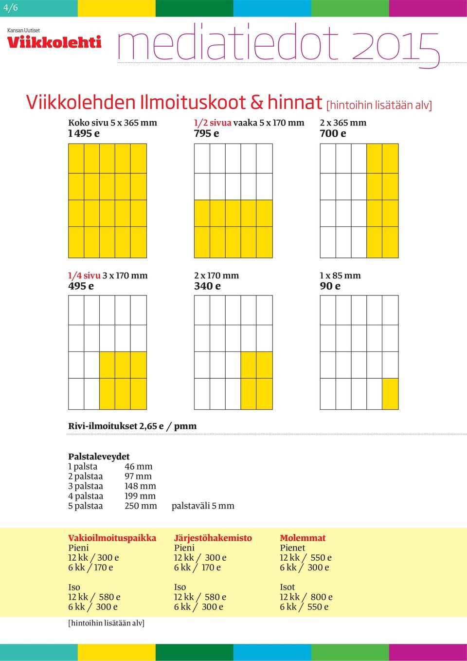 199 mm 5 palstaa 250 mm palstaväli 5 mm Vakioilmoituspaikka Pieni 12 kk / 300 e 6 kk / 170 e Iso 12 kk / 580 e 6 kk / 300 e [hintoihin lisätään alv]