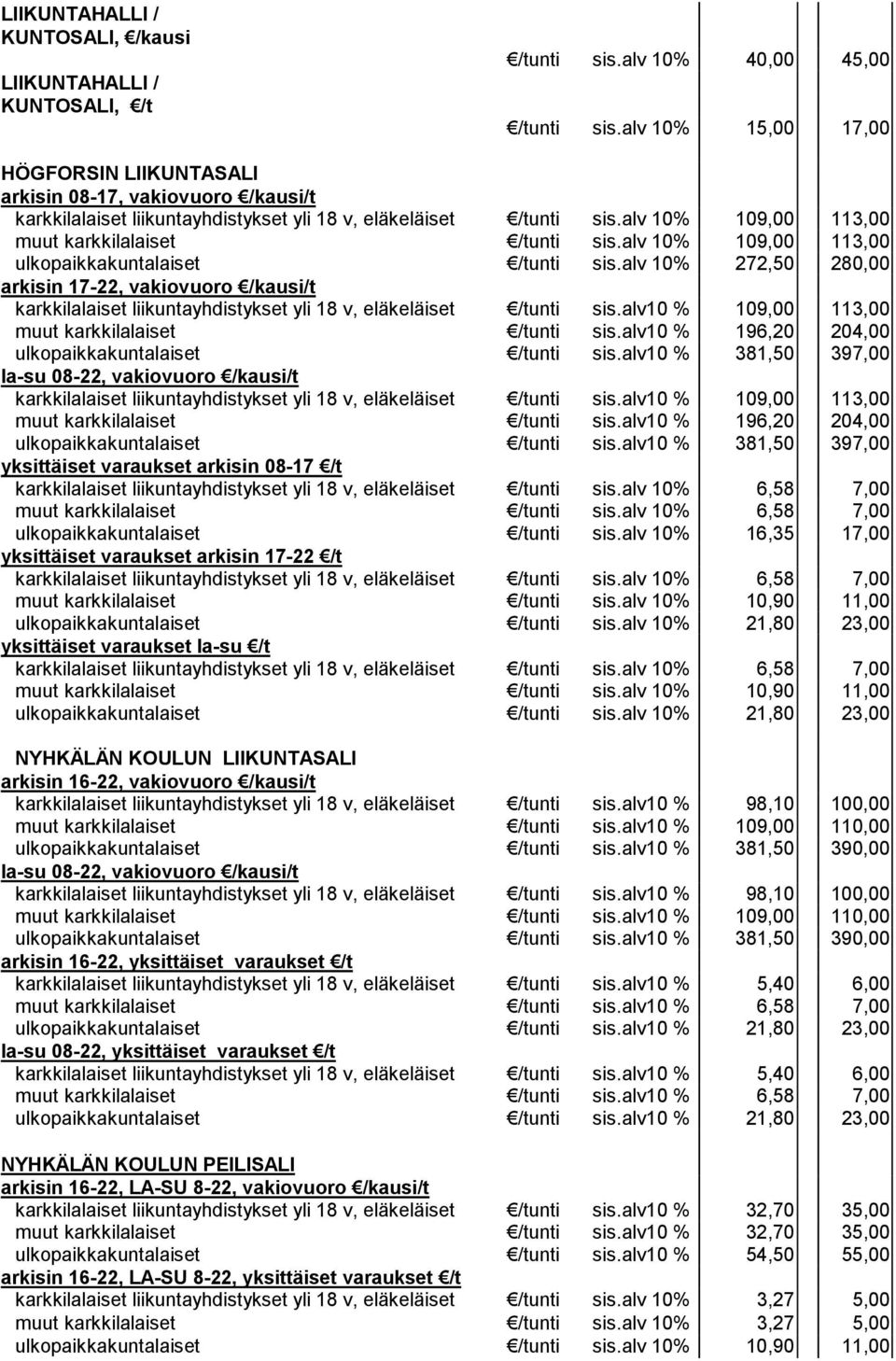 alv 10 109,00 113,00 ulkopaikkakuntalaiset /tunti sis.alv 10 272,50 280,00 arkisin 17-22, vakiovuoro /kausi/t karkkilalaiset liikuntayhdistykset yli 18 v, eläkeläiset /tunti sis.