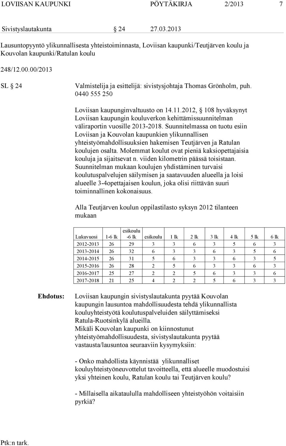 2012, 108 hyväksynyt Loviisan kaupungin kouluverkon kehittämissuunnitelman väliraportin vuosille 2013-2018.