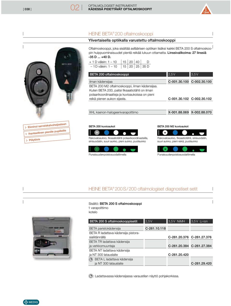 + 1 D välein: 1 10 15 20 40 D 1 D välein: 1 10 15 20 25 35 D BETA 200 oftalmoskooppi 2,5 V 3,5 V ilman kädensijaa BETA 200 M2 oftalmoskooppi, ilman kädensijaa.