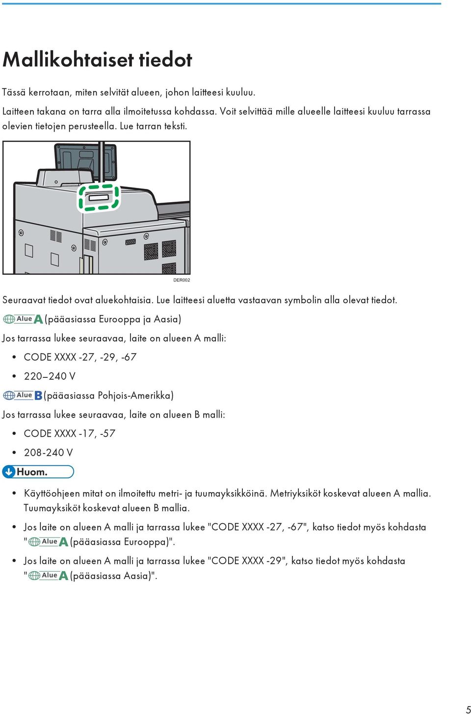 Lue laitteesi aluetta vastaavan symbolin alla olevat tiedot.