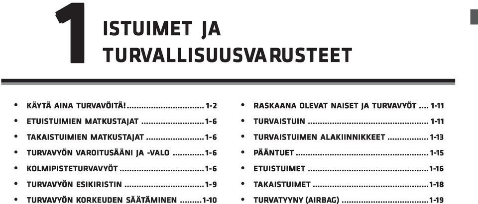 .. 1-6 TURVAVYÖN ESIKIRISTIN... 1-9 TURVAVYÖN KORKEUDEN SÄÄTÄMINEN ÄMINEN... 1-10 10 RASK ASKAANA ANA OLEVAT T NAISET JA TURVAVYÖT... 1-11 11 TURVAISTUIN.