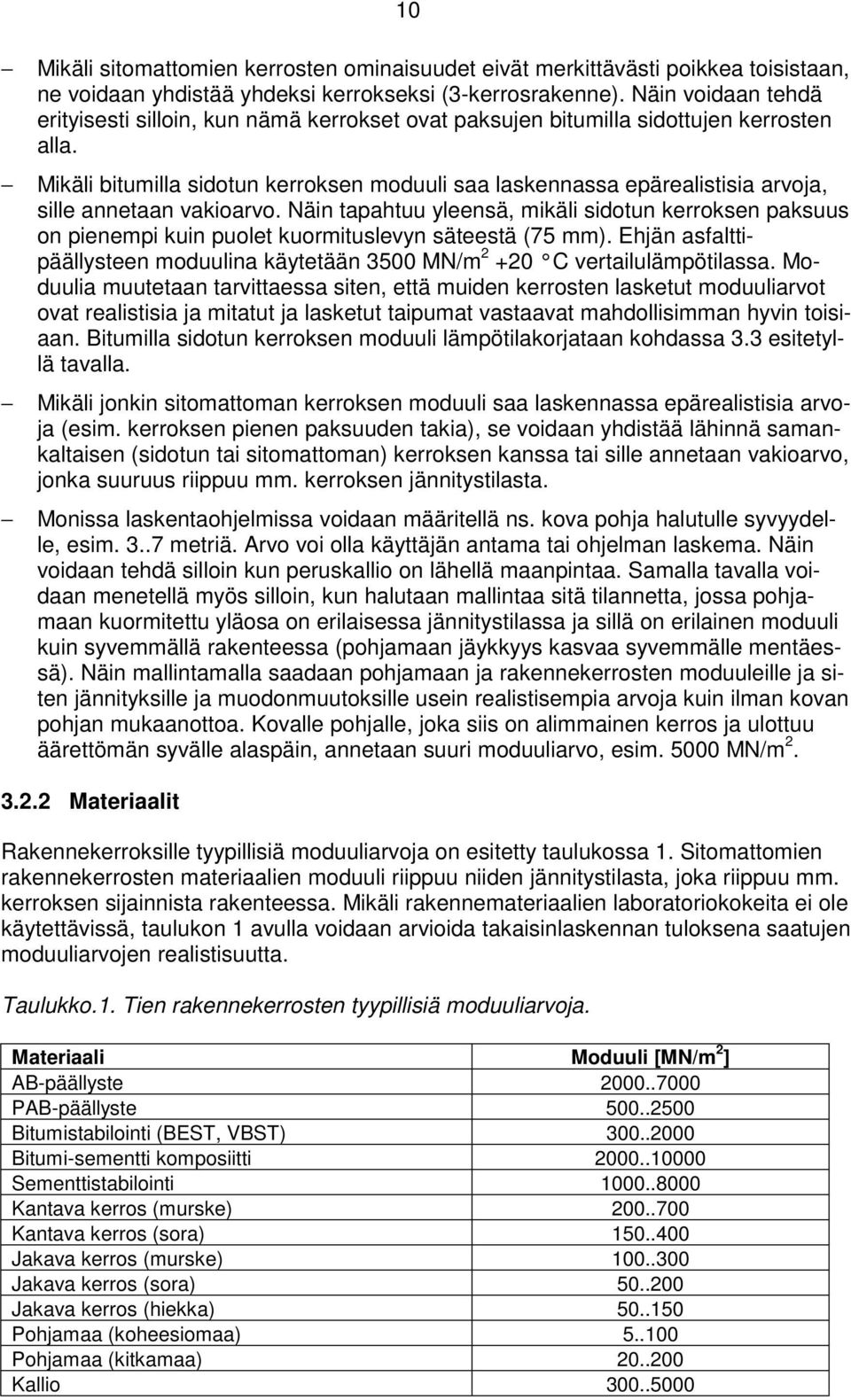 Mikäli bitumilla sidotun kerroksen moduuli saa laskennassa epärealistisia arvoja, sille annetaan vakioarvo.