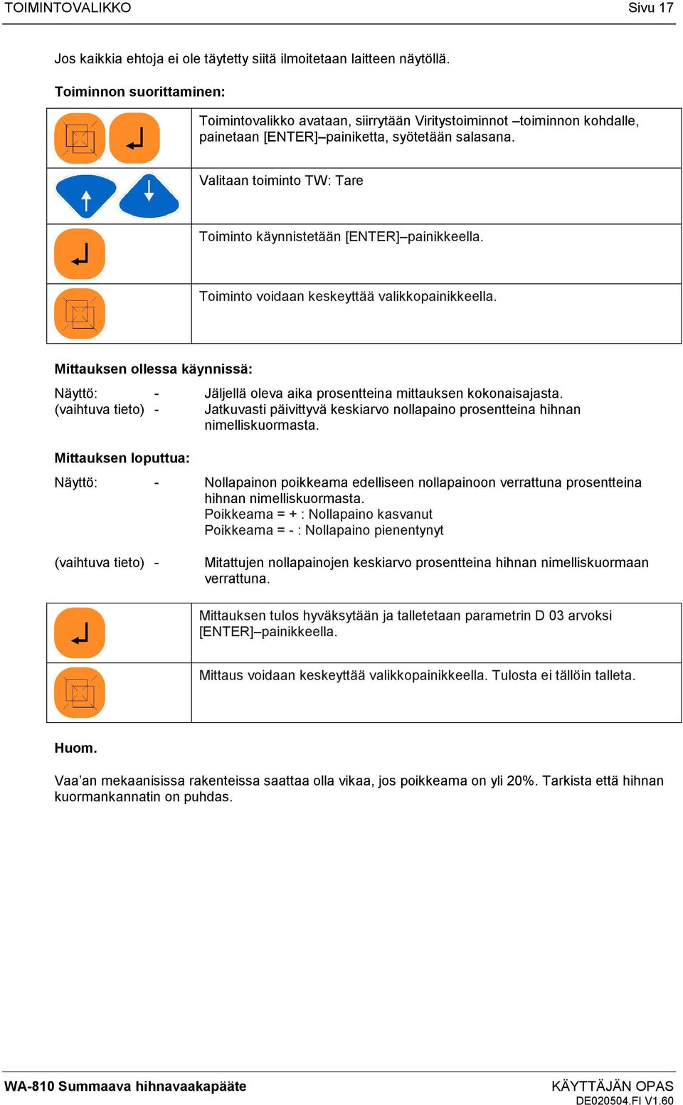 Valitaan toiminto TW: Tare Toiminto käynnistetään [ENTER] painikkeella. Toiminto voidaan keskeyttää valikkopainikkeella.