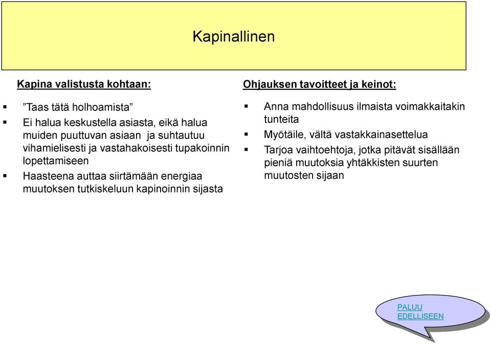 tutkiskeluun kapinoinnin sijasta Ohjauksen tavoitteet ja keinot: Anna mahdollisuus ilmaista voimakkaitakin tunteita Myötäile,