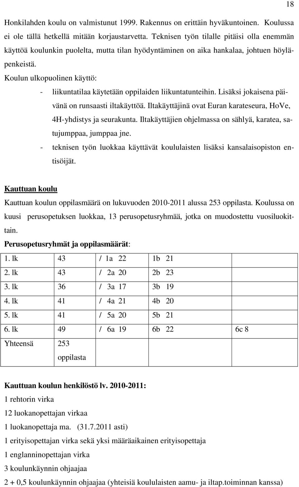 Koulun ulkopuolinen käyttö: - liikuntatilaa käytetään oppilaiden liikuntatunteihin. Lisäksi jokaisena päivänä on runsaasti iltakäyttöä.