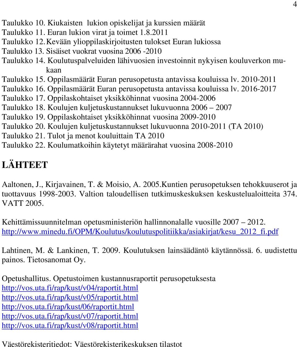 2010-2011 Taulukko 16. Oppilasmäärät Euran perusopetusta antavissa kouluissa lv. 2016-2017 Taulukko 17. Oppilaskohtaiset yksikköhinnat vuosina 2004-2006 Taulukko 18.