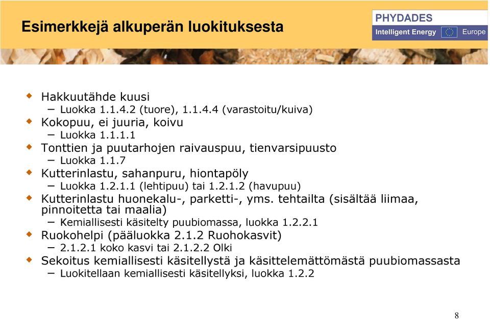 tehtailta (sisältää liimaa, pinnoitetta tai maalia) Kemiallisesti käsitelty puubiomassa, luokka 1.2.2.1 Ruokohelpi (pääluokka 2.1.2 Ruohokasvit) 2.1.2.1 koko kasvi tai 2.