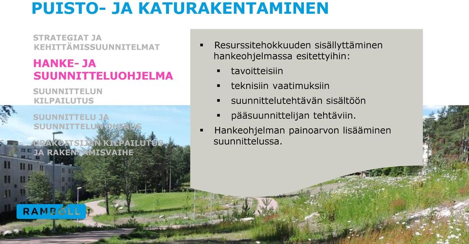 Resurssitehokkuuden sisällyttäminen hankeohjelmassa esitettyihin: tavoitteisiin teknisiin