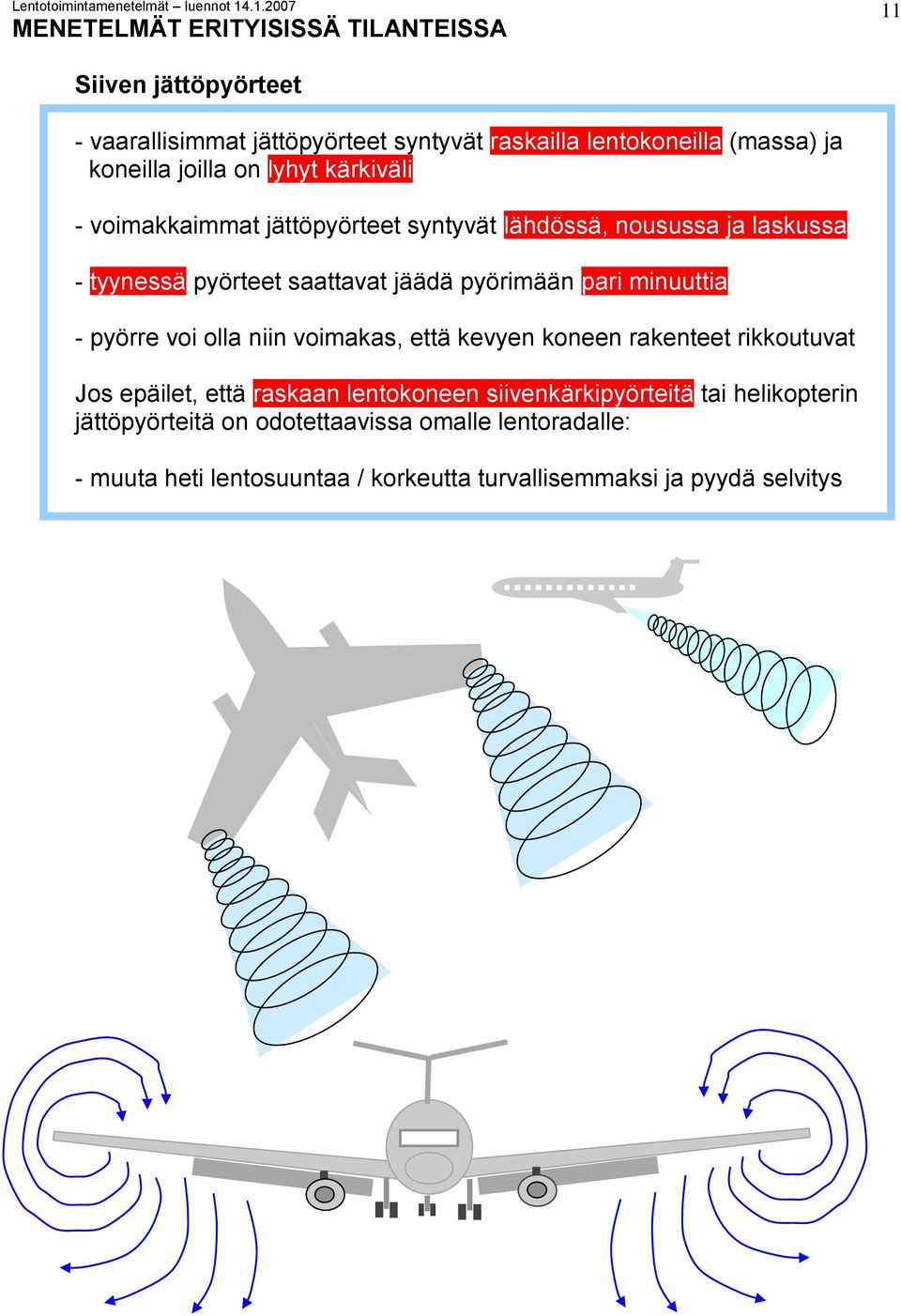 pari minuuttia - pyörre voi olla niin voimakas, että kevyen koneen rakenteet rikkoutuvat Jos epäilet, että raskaan lentokoneen