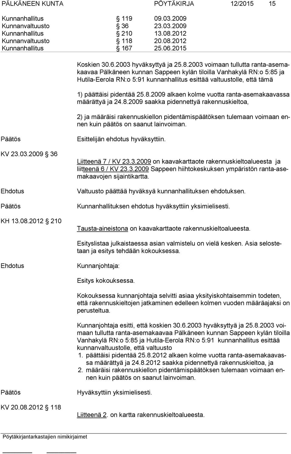 2003 voimaan tullutta ranta-asemakaavaa Pälkäneen kunnan Sappeen kylän tiloilla Vanhakylä RN:o 5:85 ja Hutila-Eerola RN:o 5:91 kunnanhallitus esittää valtuustolle, että tämä 1) päättäisi pidentää 25.