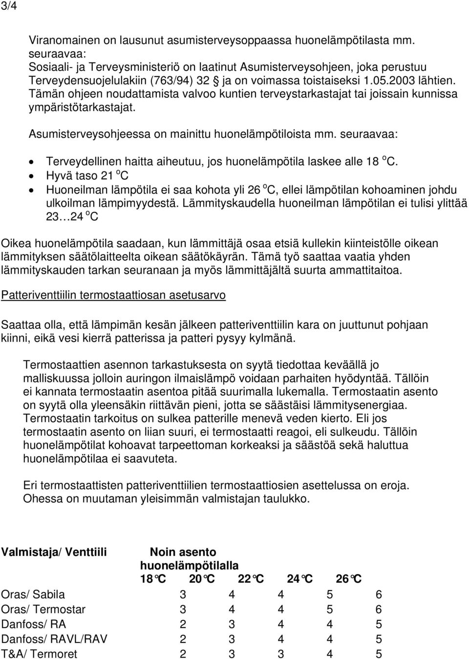 Tämän ohjeen noudattamista valvoo kuntien terveystarkastajat tai joissain kunnissa ympäristötarkastajat. Asumisterveysohjeessa on mainittu huonelämpötiloista mm.