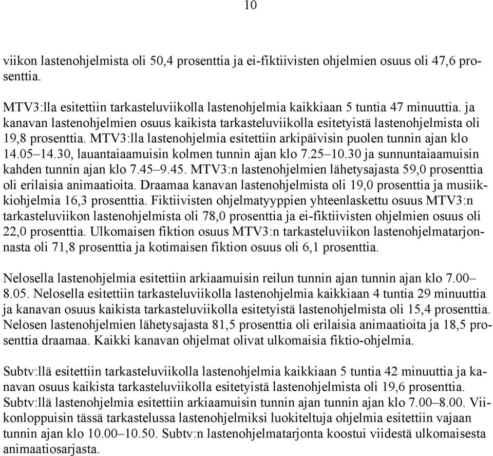 30, lauantaiaamuisin kolmen tunnin ajan klo 7.25 10.30 ja sunnuntaiaamuisin kahden tunnin ajan klo 7.45 9.45. MTV3:n lastenohjelmien lähetysajasta 59,0 prosenttia oli erilaisia animaatioita.