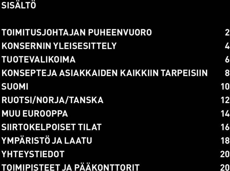 10 RUOTSI/NORJA/TANSKA 12 MUU EUROOPPA 14 SIIRTOKELPOISET TILAT 16