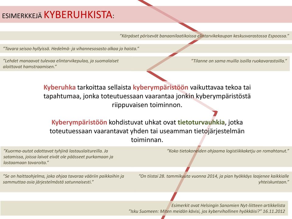 Kyberuhka tarkoittaa sellaista kyberympäristöön vaikuttavaa tekoa tai tapahtumaa, jonka toteutuessaan vaarantaa jonkin kyberympäristöstä riippuvaisen toiminnon.