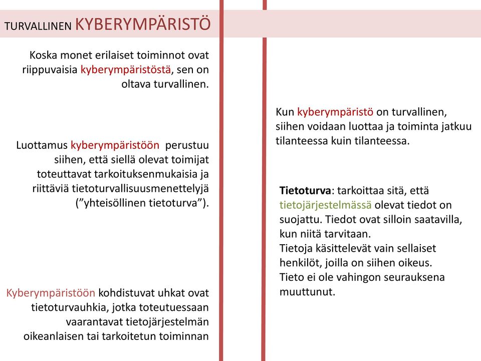 Kyberympäristöön kohdistuvat uhkat ovat tietoturvauhkia, jotka toteutuessaan vaarantavat tietojärjestelmän oikeanlaisen tai tarkoitetun toiminnan Kun kyberympäristö on turvallinen, siihen voidaan