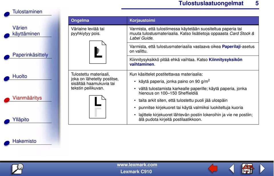 Varmista, että tulostusmateriaalia vastaava oikea Paperilaji-asetus on valittu. Kiinnitysyksikkö pitää ehkä vaihtaa.