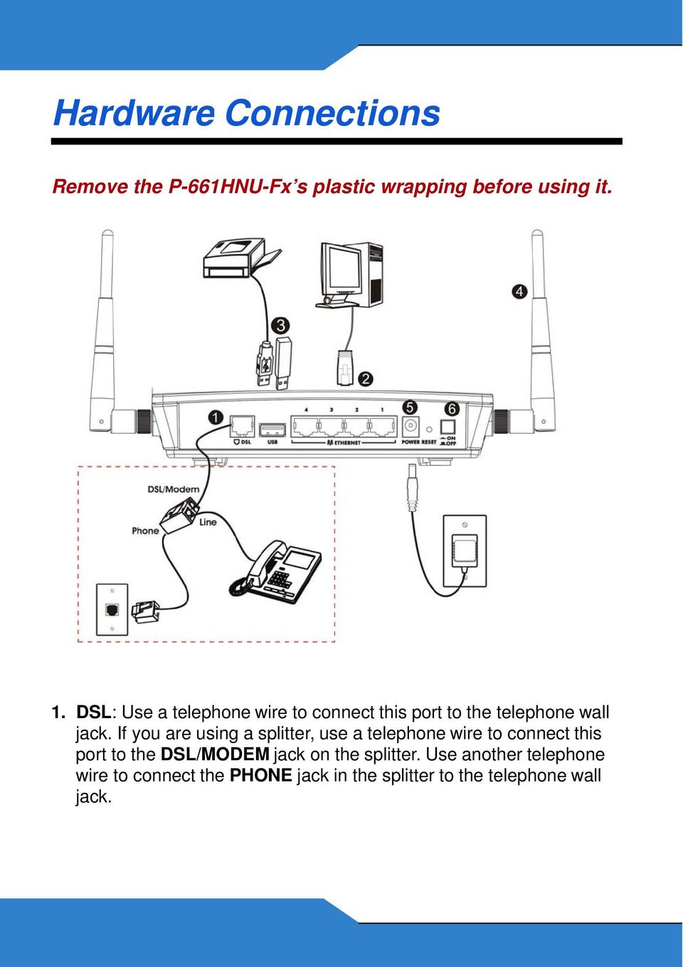 If you are using a splitter, use a telephone wire to connect this port to the DSL/MODEM