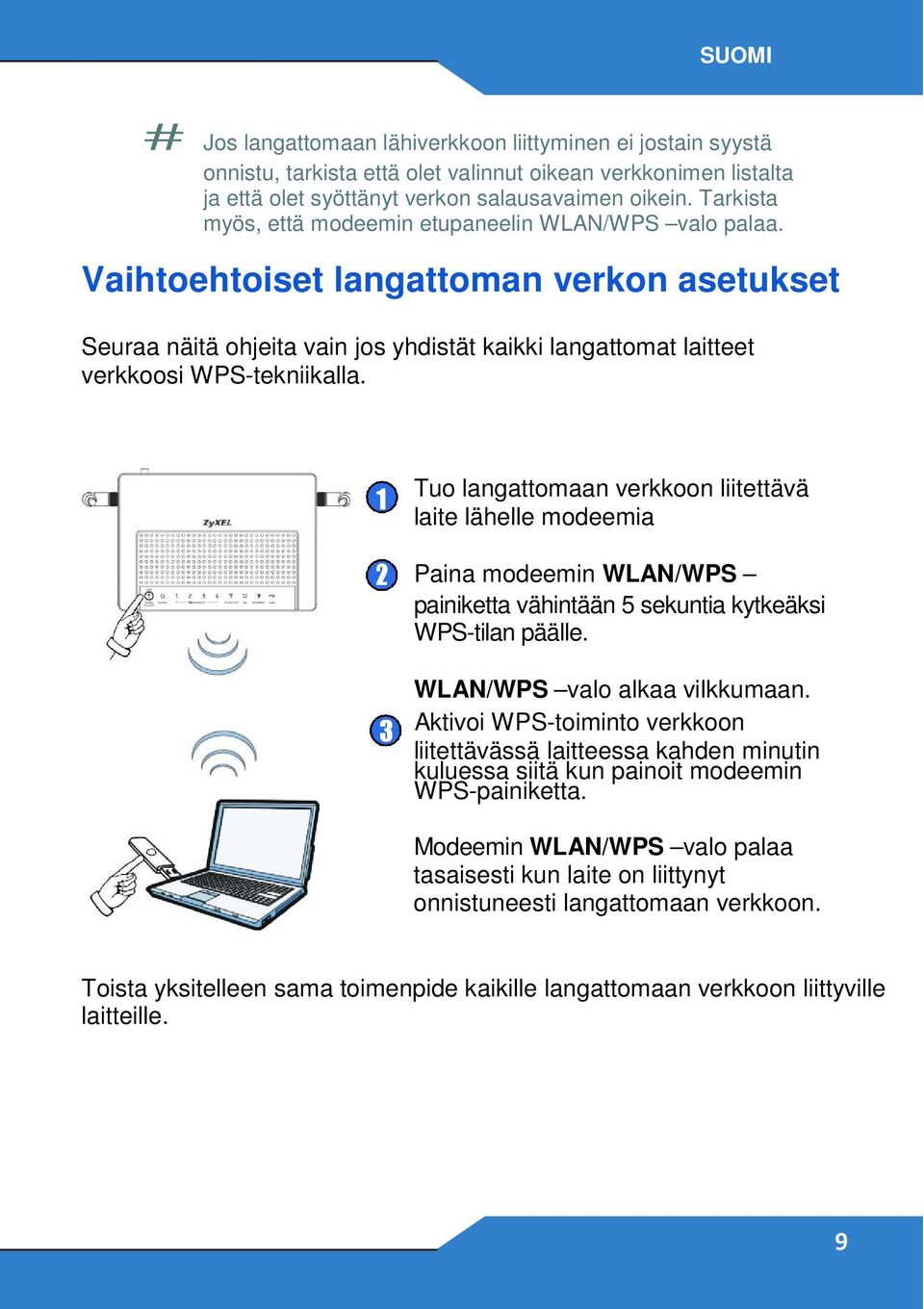 1 Tuo langattomaan verkkoon liitettävä laite lähelle modeemia 2 Paina modeemin WLAN/WPS painiketta vähintään 5 sekuntia kytkeäksi WPS-tilan päälle. 3 WLAN/WPS valo alkaa vilkkumaan.