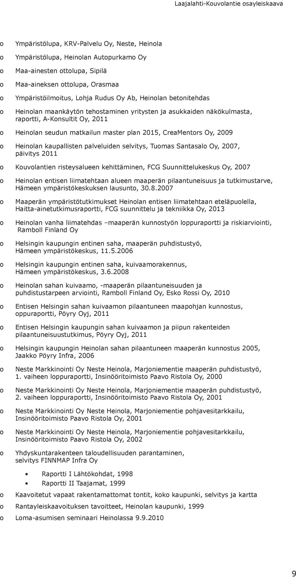 selvitys, Tumas Santasal Oy, 2007, päivitys 2011 Kuvlantien risteysalueen kehittäminen, FCG Suunnittelukeskus Oy, 2007 Heinlan entisen liimatehtaan alueen maaperän pilaantuneisuus ja tutkimustarve,