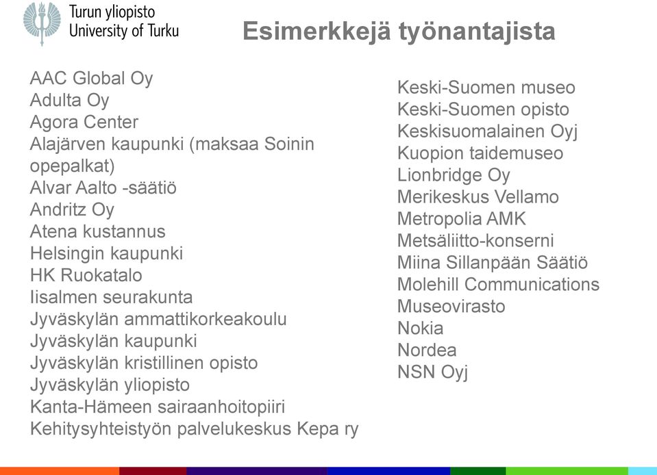 Jyväskylän yliopisto Kanta-Hämeen sairaanhoitopiiri Kehitysyhteistyön palvelukeskus Kepa ry Keski-Suomen museo Keski-Suomen opisto Keskisuomalainen Oyj