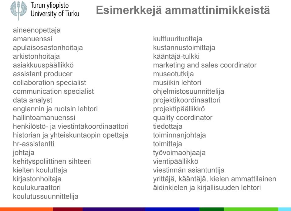 kirjastonhoitaja koulukuraattori koulutussuunnittelija kulttuurituottaja kustannustoimittaja kääntäjä-tulkki marketing and sales coordinator museotutkija musiikin lehtori ohjelmistosuunnittelija