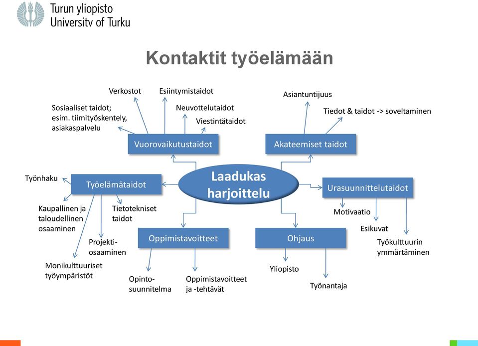 taidot Tiedot & taidot -> soveltaminen Työnhaku Kaupallinen ja taloudellinen osaaminen Monikulttuuriset työympäristöt Työelämätaidot
