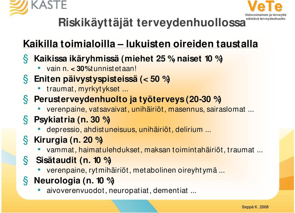 .. Perusterveydenhuolto ja työterveys (20-30 %) verenpaine, vatsavaivat, unihäiriöt, masennus, sairaslomat... Psykiatria (n.