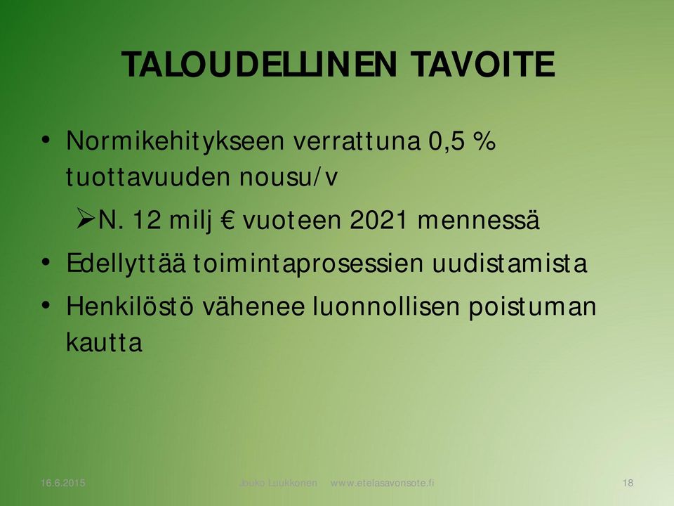 12 milj vuoteen 2021 mennessä Edellyttää toimintaprosessien