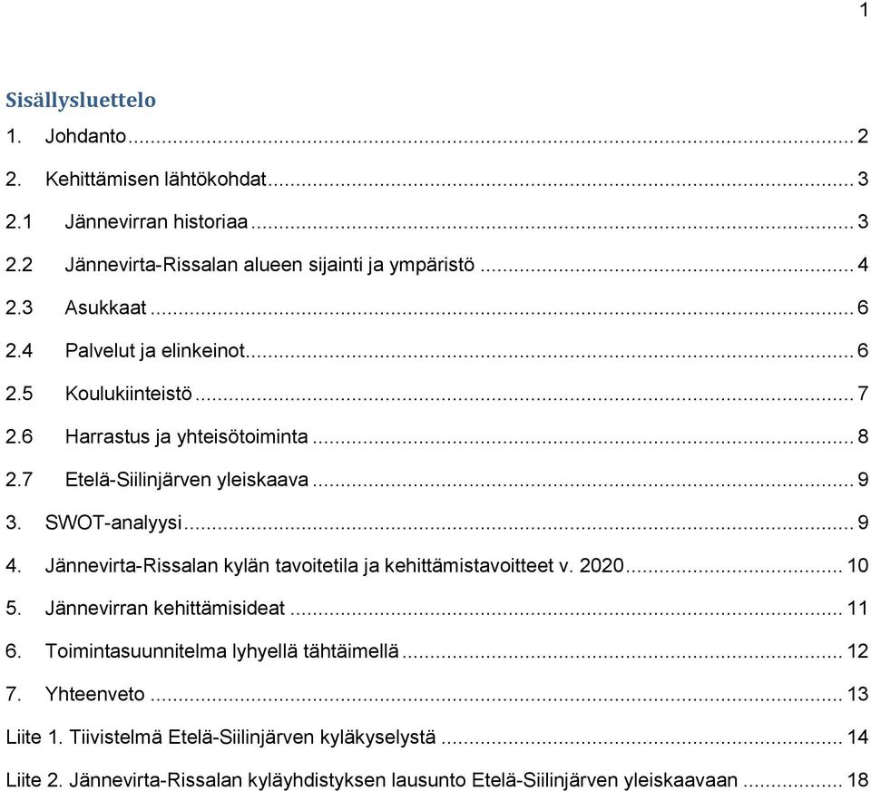 .. 9 4. Jännevirta-Rissalan kylän tavoitetila ja kehittämistavoitteet v. 2020... 10 5. Jännevirran kehittämisideat... 11 6. Toimintasuunnitelma lyhyellä tähtäimellä.