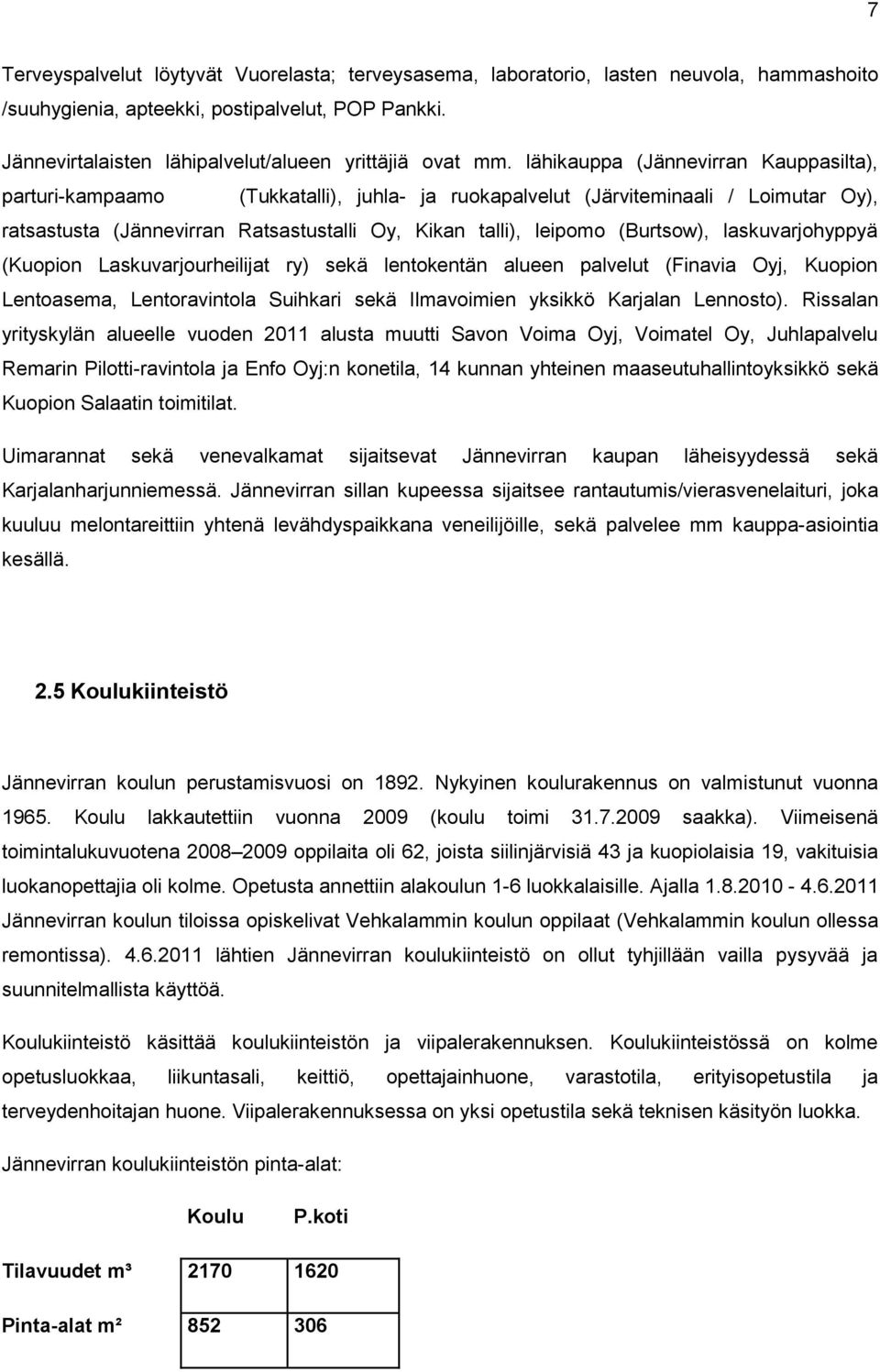 lähikauppa (Jännevirran Kauppasilta), parturi-kampaamo (Tukkatalli), juhla- ja ruokapalvelut (Järviteminaali / Loimutar Oy), ratsastusta (Jännevirran Ratsastustalli Oy, Kikan talli), leipomo