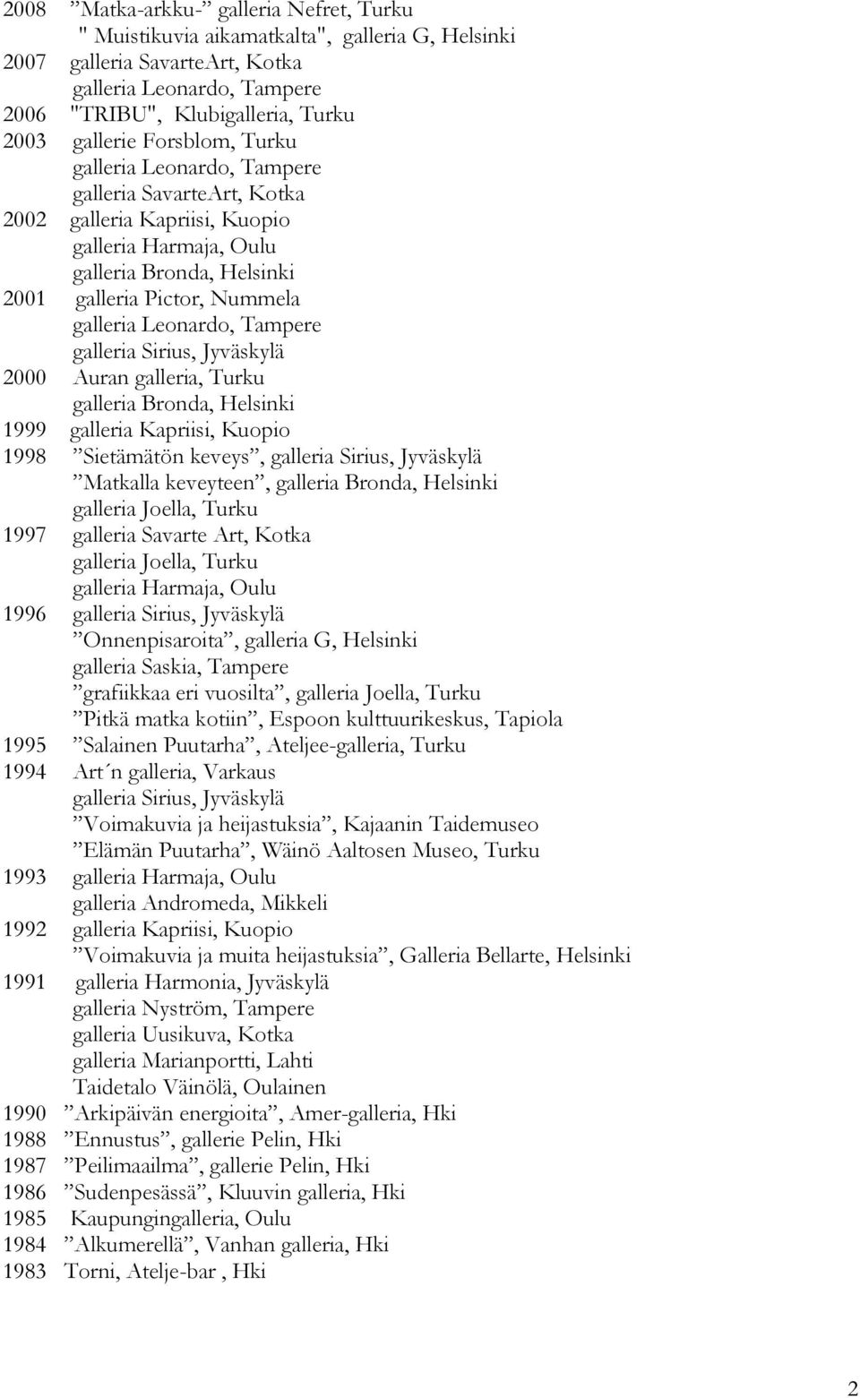 Tampere galleria Sirius, Jyväskylä 2000 Auran galleria, Turku galleria Bronda, Helsinki 1999 galleria Kapriisi, Kuopio 1998 Sietämätön keveys, galleria Sirius, Jyväskylä Matkalla keveyteen, galleria