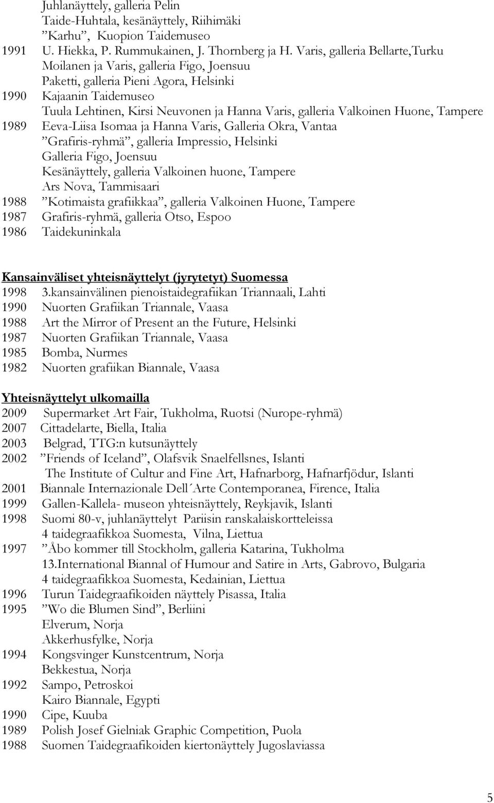 Valkoinen Huone, Tampere 1989 Eeva-Liisa Isomaa ja Hanna Varis, Galleria Okra, Vantaa Grafiris-ryhmä, galleria Impressio, Helsinki Galleria Figo, Joensuu Kesänäyttely, galleria Valkoinen huone,