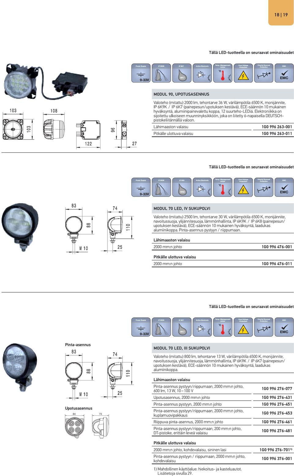 Lähimaaston valaisu 1G0 996 263-001 Pitkälle ulottuva valaisu 1G0 996 263-011 MODUL 70 LED, IV SUKUPOLVI Valoteho (mitattu) 2500 lm, tehontarve 30 W, värilämpötila 6500 K, monijännite, navoitussuoja,