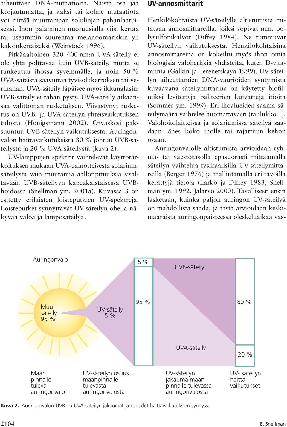 Pitkäaaltoinen 320 400 nm:n UVA-säteily ei ole yhtä polttavaa kuin UVB-säteily, mutta se tunkeutuu ihossa syvemmälle, ja noin 50 % UVA-säteistä saavuttaa tyvisolukerroksen tai verinahan.
