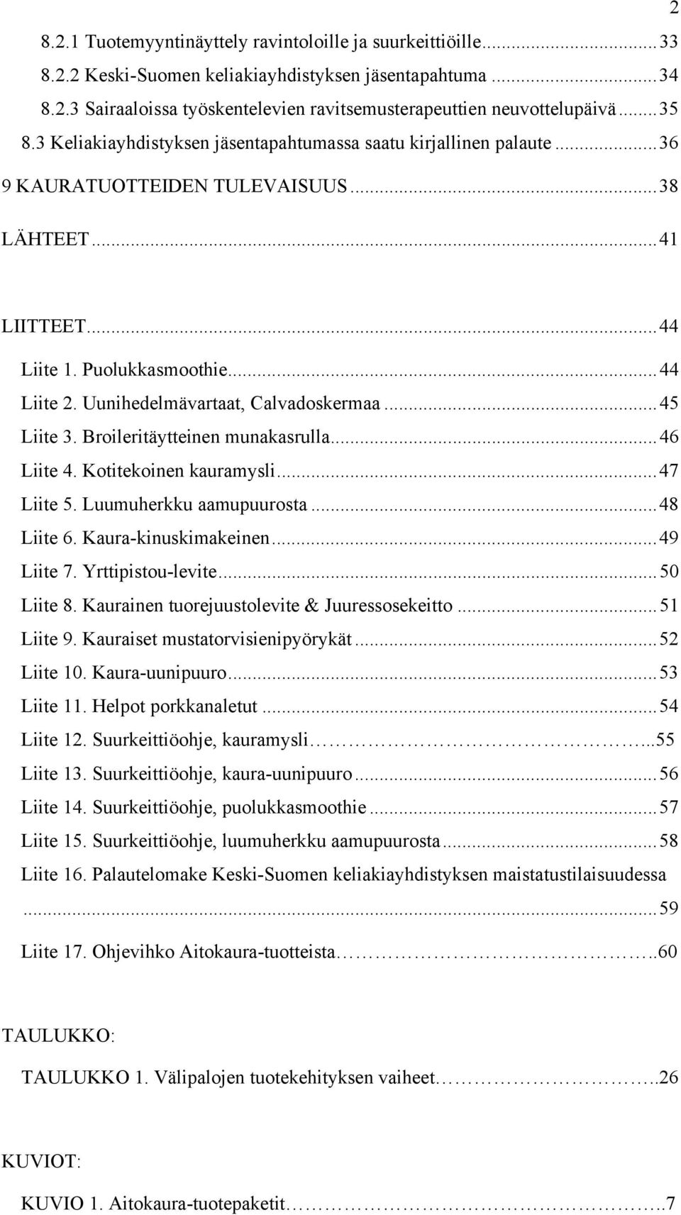 Uunihedelmävartaat, Calvadoskermaa...45 Liite 3. Broileritäytteinen munakasrulla...46 Liite 4. Kotitekoinen kauramysli...47 Liite 5. Luumuherkku aamupuurosta...48 Liite 6. Kaura-kinuskimakeinen.
