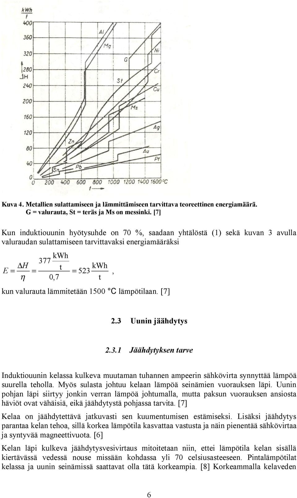 lämmitetään 1500 C lämpötilaan. [7] 2.3 Uunin jäähdytys 2.3.1 Jäähdytyksen tarve Induktiouunin kelassa kulkeva muutaman tuhannen ampeerin sähkövirta synnyttää lämpöä suurella teholla.