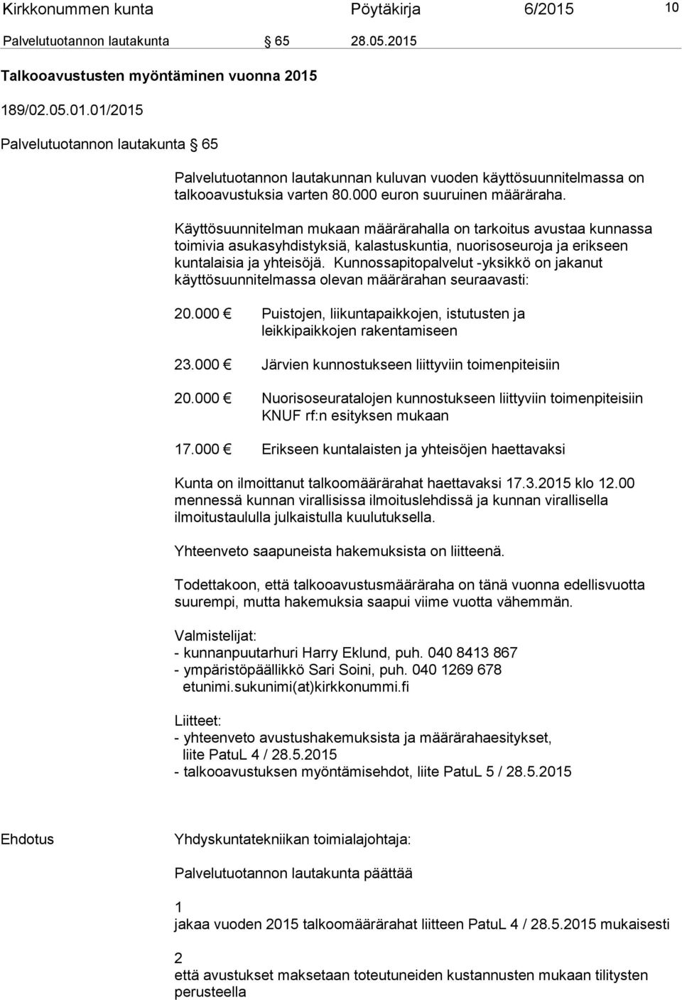 Kunnossapitopalvelut -yksikkö on jakanut käyttösuunnitelmassa olevan määrärahan seuraavasti: 20.000 Puistojen, liikuntapaikkojen, istutusten ja leikkipaikkojen rakentamiseen 23.
