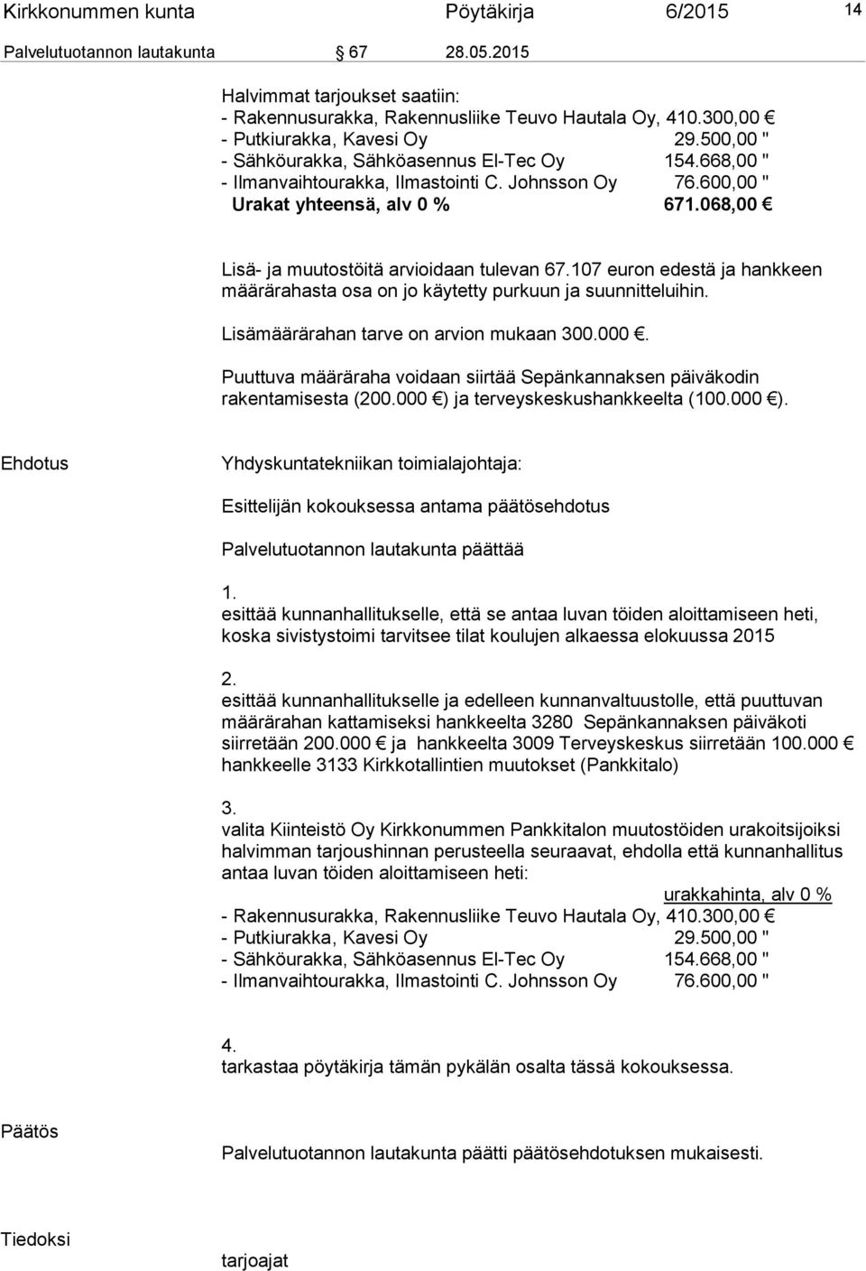 068,00 Lisä- ja muutostöitä arvioidaan tulevan 67.107 euron edestä ja hankkeen määrärahasta osa on jo käytetty purkuun ja suunnitteluihin. Lisämäärärahan tarve on arvion mukaan 300.000.