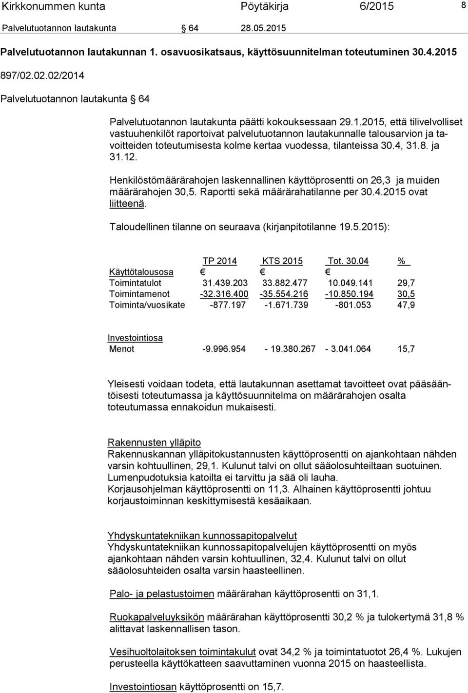 4, 31.8. ja 31.12. Henkilöstömäärärahojen laskennallinen käyttöprosentti on 26,3 ja muiden määrärahojen 30,5. Raportti sekä määräraha tilanne per 30.4.2015 ovat liitteenä.