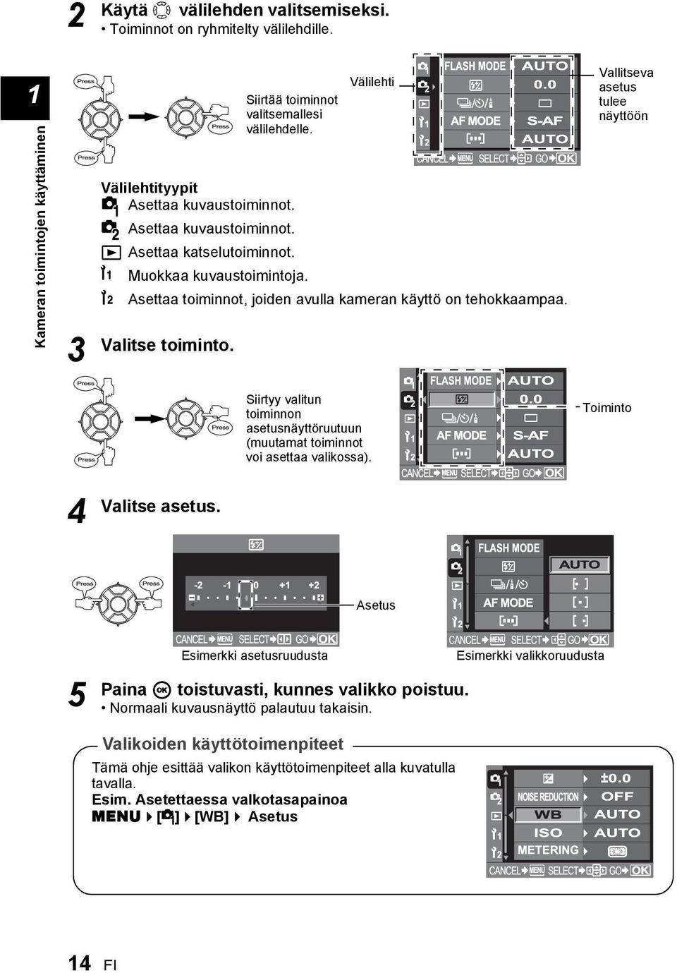 Välilehti Vallitseva asetus tulee näyttöön Siirtyy valitun toiminnon asetusnäyttöruutuun (muutamat toiminnot voi asettaa valikossa). Toiminto 4 Valitse asetus.