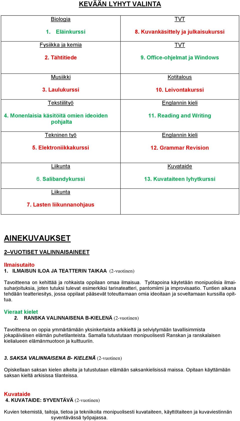 Salibandykurssi Kuvataide 13. Kuvataiteen lyhytkurssi 7. Lasten liikunnanohjaus AINEKUVAUKSET 2 VUOTISET VALINNAISAINEET Ilmaisutaito 1.