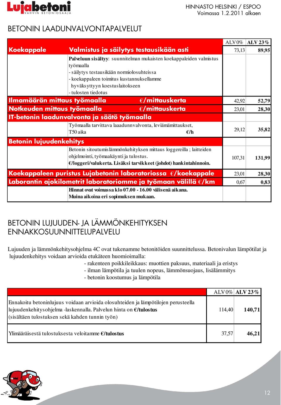 IT-betonin laadunvalvonta ja säätö työmaalla Työmaalla tarvittava laaadunnvalvonta, leviämämittaukset, T50 aika /h Betonin lujuudenkehitys Betonin sitoutumislämmönkehityksen mittaus loggereilla ;