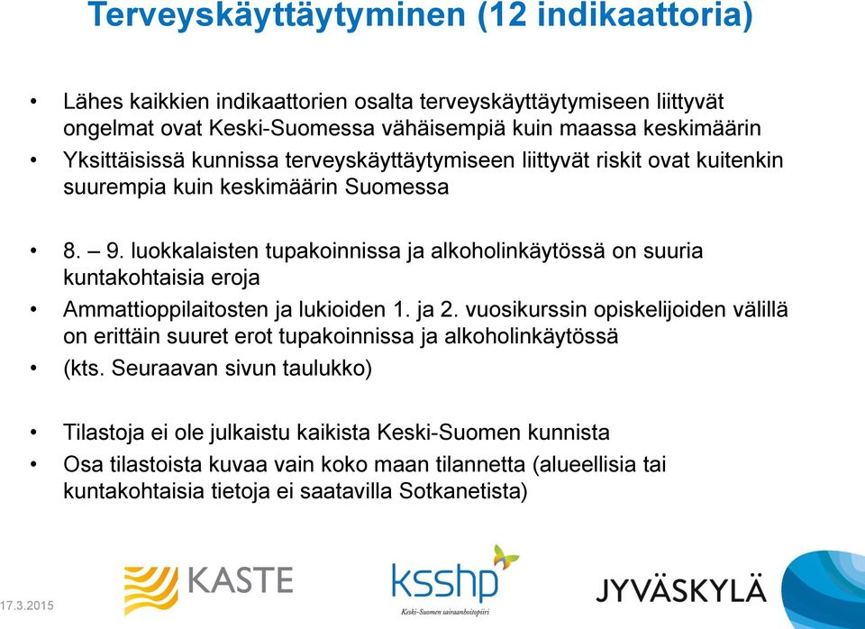 luokkalaisten tupakoinnissa ja alkoholinkäytössä on suuria kuntakohtaisia eroja Ammattioppilaitosten ja lukioiden 1. ja 2.