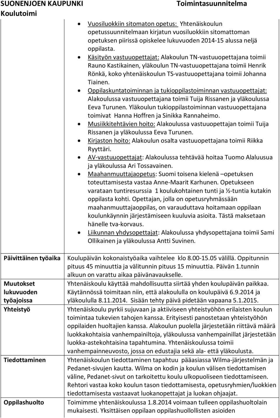 Oppilaskuntatoiminnan ja tukioppilastoiminnan vastuuopettajat: Alakoulussa vastuuopettajana toimii Tuija Rissanen ja yläkoulussa Eeva Turunen.