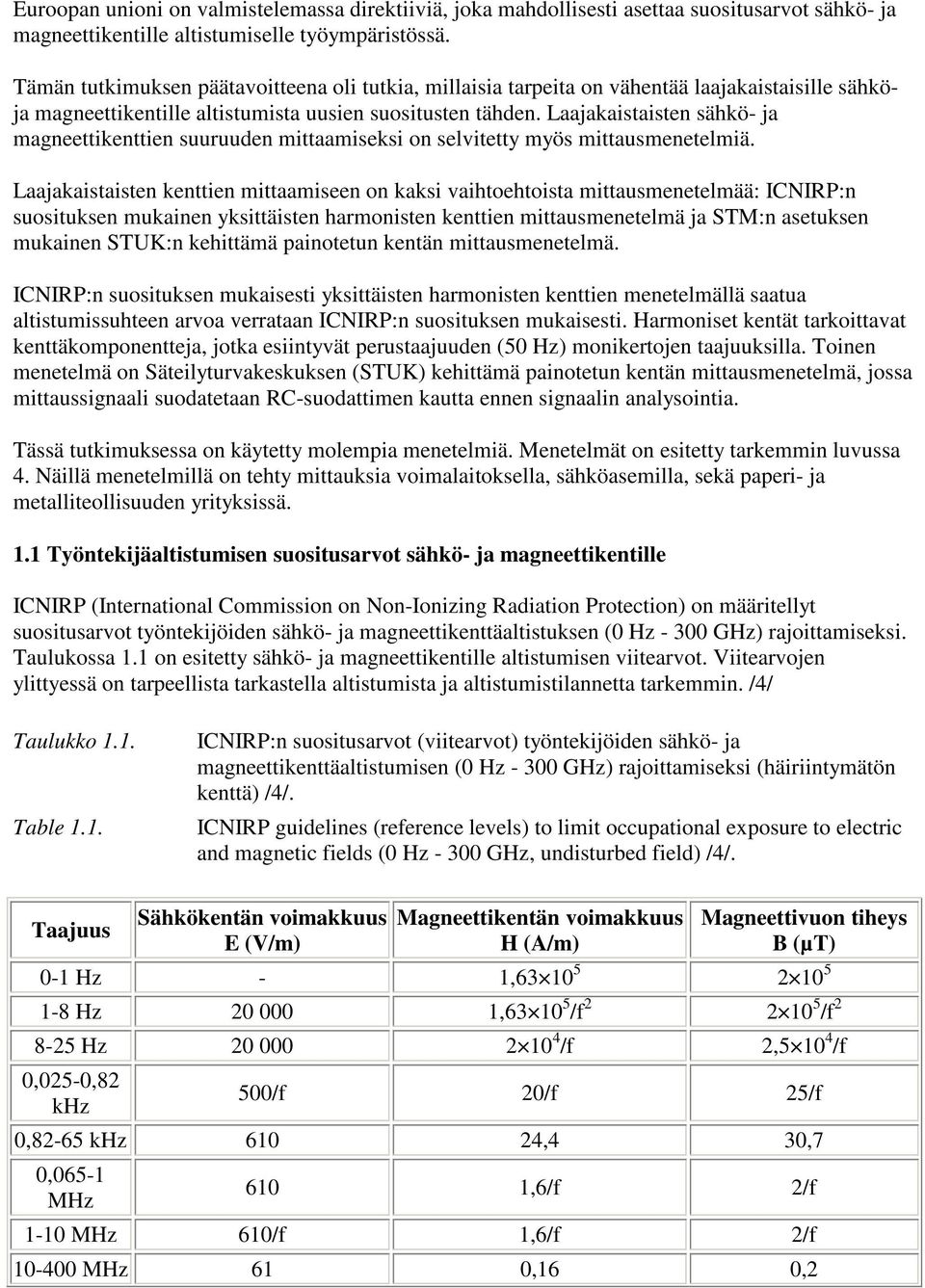 Laajakaistaisten sähkö- ja magneettikenttien suuruuden mittaamiseksi on selvitetty myös mittausmenetelmiä.