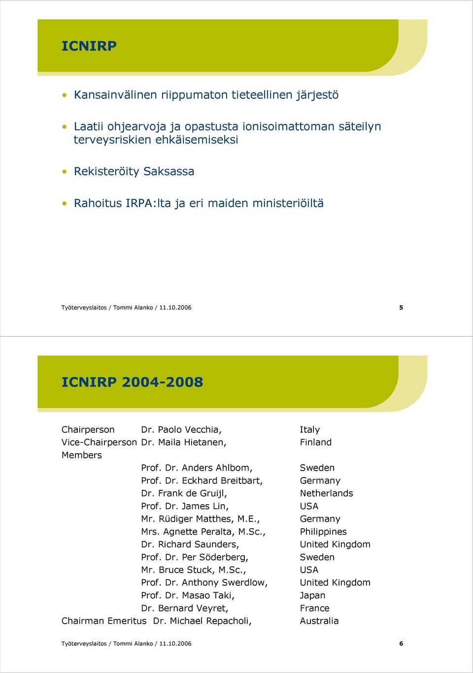 Dr. Eckhard Breitbart, Germany Dr. Frank de Gruijl, Netherlands Prof. Dr. James Lin, USA Mr. Rüdiger Matthes, M.E., Germany Mrs. Agnette Peralta, M.Sc., Philippines Dr.